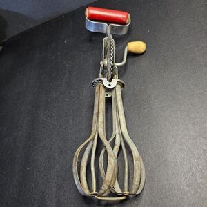 Vtg A&J Ecko Wooden Red Handled Stainless Egg Beater Whisk 12"